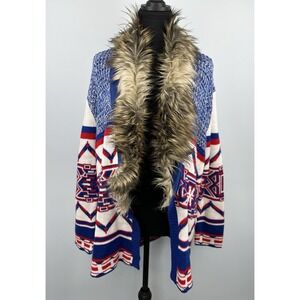 MINKPINK Womens Boho-Chic Cardigan Aztec Print Faux Fur Sweater Size Small